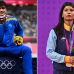 A collage featuring Neeraj with his Tokyo Olympic gold medal and Nikhat Zareen with her Asian Games bronze medal