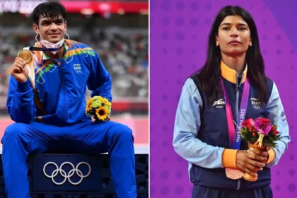 A collage featuring Neeraj with his Tokyo Olympic gold medal and Nikhat Zareen with her Asian Games bronze medal