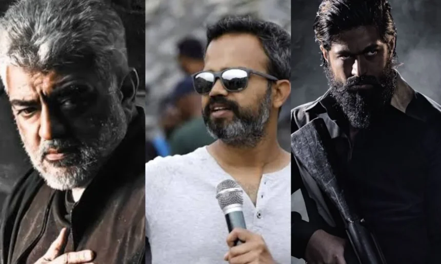 A collage of Ajith Kumar, Prashant Neel, and Yash