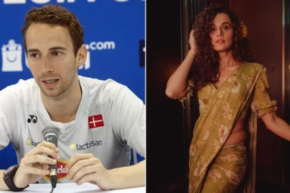 A collage featuring Taapsee Pannu and her husband Mathias Boe