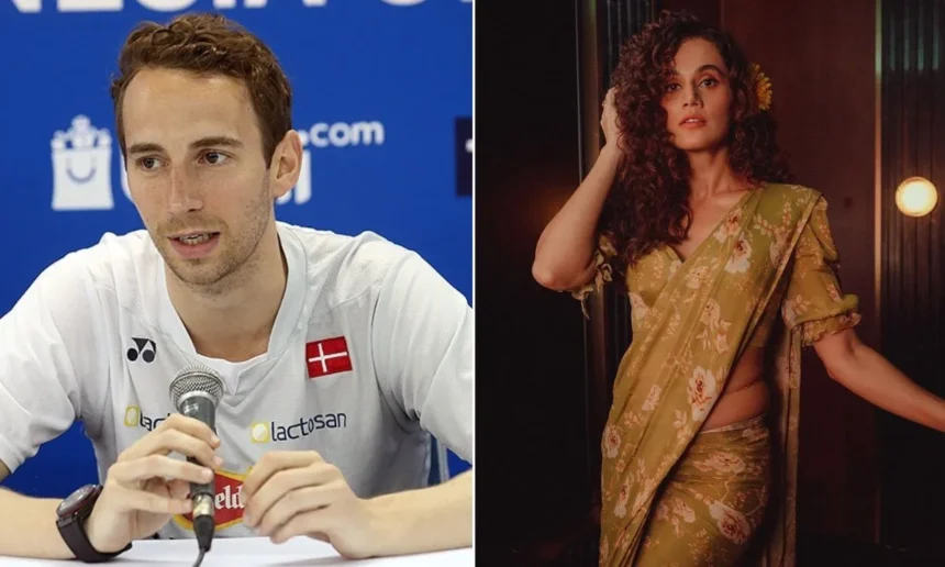 A collage featuring Taapsee Pannu and her husband Mathias Boe