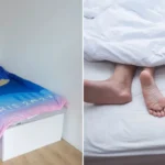 An image showcasing the Paris Anti-Sex Bed and the feet of a couple lying in a regular bed