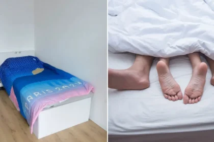 An image showcasing the Paris Anti-Sex Bed and the feet of a couple lying in a regular bed