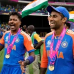 An image of Suryakumar and Hardik celebrating India's T20 World Cup victory