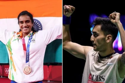 A collage featuring PV Sindhu after winning bronze at the Tokyo Olympics and Lakshya Sen from French Open