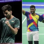 A collage featuring Lakshya Sen and the badminton duo Satwiksairaj Rankireddy and Chirag Shetty