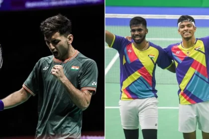 A collage featuring Lakshya Sen and the badminton duo Satwiksairaj Rankireddy and Chirag Shetty