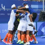 The Indian Hockey Men's Team celebrating their quarterfinals victory in 2024 Paris Olympics