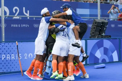 The Indian Hockey Men's Team celebrating their quarterfinals victory in 2024 Paris Olympics