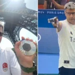 Left image: Yusuf Dikec with the Paris 2024 Olympics silver medal in hand. Right: Yusuf putting his left hand in pocket while shooting.