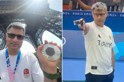 Left image: Yusuf Dikec with the Paris 2024 Olympics silver medal in hand. Right: Yusuf putting his left hand in pocket while shooting.