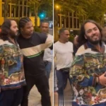 A collage highlighting Anant Ambani's friendly demeanor, as he poses for selfies with fans while sporting a colorful hoodie in France