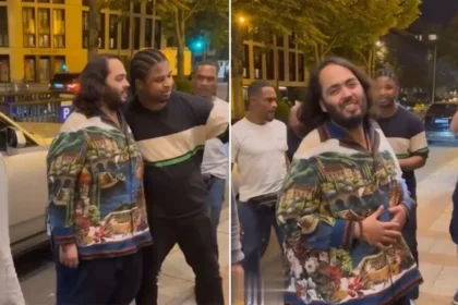 A collage highlighting Anant Ambani's friendly demeanor, as he poses for selfies with fans while sporting a colorful hoodie in France