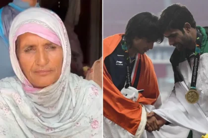 A collage featuring Arshad Nadeem's mother Raziah Parveen, and Neeraj and Parveen shaking their hands while holding their nation's flags in Asian Games 2018 