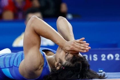 An image of Vinesh Phogat lying down after a fight in Paris Olympics 2024