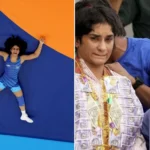 Left: Vinesh lying on a wrestling court. Right: Vinesh receiving a warm welcome in New Delhi after her return from Paris Olympics.