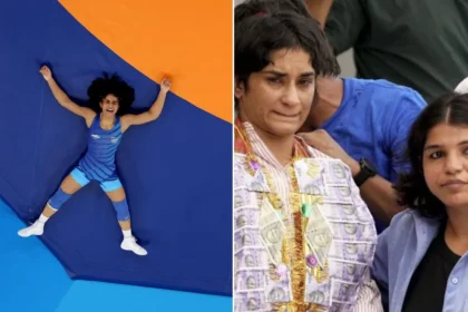 Left: Vinesh lying on a wrestling court. Right: Vinesh receiving a warm welcome in New Delhi after her return from Paris Olympics.