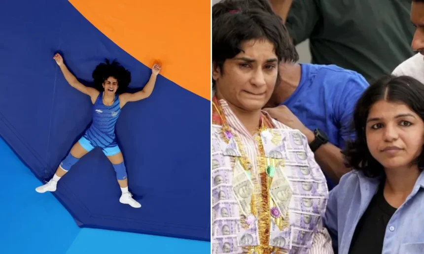 Left: Vinesh lying on a wrestling court. Right: Vinesh receiving a warm welcome in New Delhi after her return from Paris Olympics.