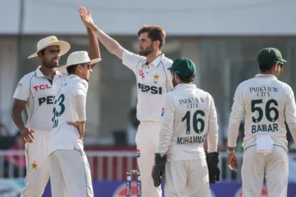 An image of Pakistan team celebrating a wicket in the 1st Test against Bangladesh