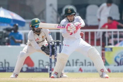 An image featuring Mushfiqur Rahim batting and Mohammad Rizwan keeping behind the stumps