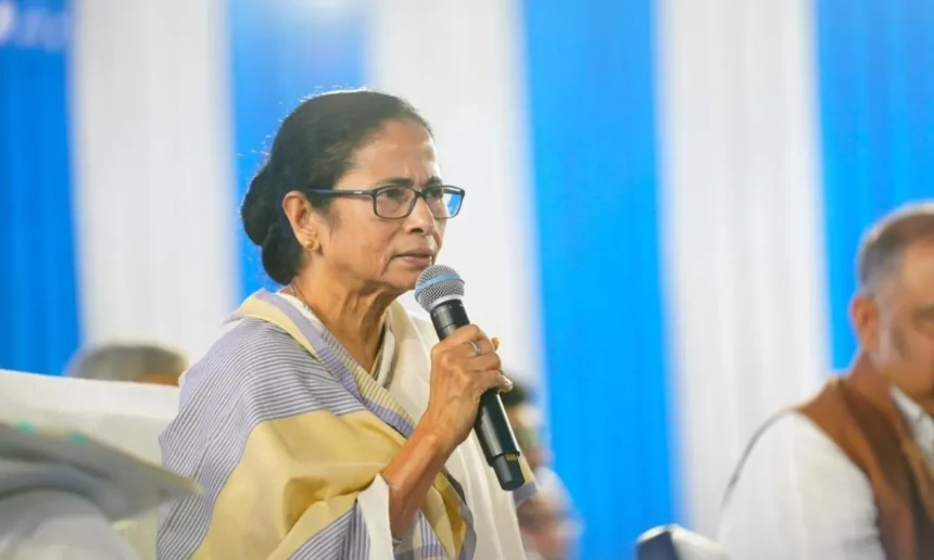 Mamata Banerjee holding a microphone and speaking