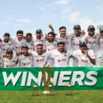 Bangladesh team celebrates with the trophy after securing their first-ever Test series win against Pakistan