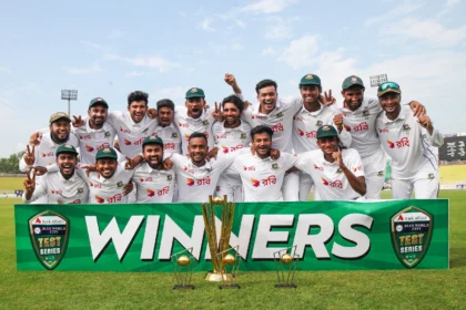 Bangladesh team celebrates with the trophy after securing their first-ever Test series win against Pakistan