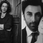 A monochrome picture of Shah Rukh Khan (L), A monochrome picture of Ranbir Kapoor and Alia Bhatt