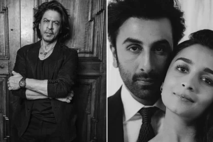 A monochrome picture of Shah Rukh Khan (L), A monochrome picture of Ranbir Kapoor and Alia Bhatt