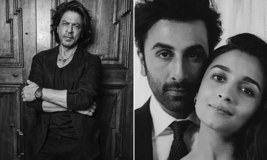 A monochrome picture of Shah Rukh Khan (L), A monochrome picture of Ranbir Kapoor and Alia Bhatt