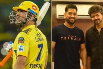 MS Dhoni in yellow jersey (L), Thalapathy Vijay and Dhoni (R)