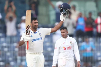 R Ashwin celebrating his test century in Chennai against Bangladesh