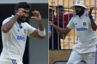 Jasprit Bumrah signaling Siraj to wear his shades (L), Siraj looks surprised (R)