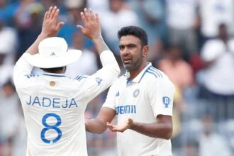 R Ashwin celebrating his wicket with Jadeja